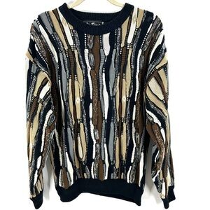 Vintage Grandpa Sweater Alan Stewart Wavy 3D Knit Colorful Cosby Carlton Sz L